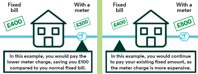 If your fixed bill is £400 but you meter reads £300, you would be charged the £300. If your meter instead reads £500 you would instead be continue to pay your £400 fixed rate.