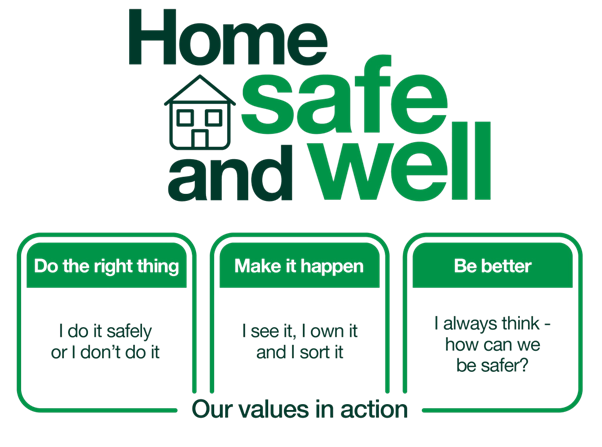 Home safe and well. Do the right thing - do it safely or don't do it. Make it happen - I see it, I own it and I sort it. Be better - I always think - how can i be better.